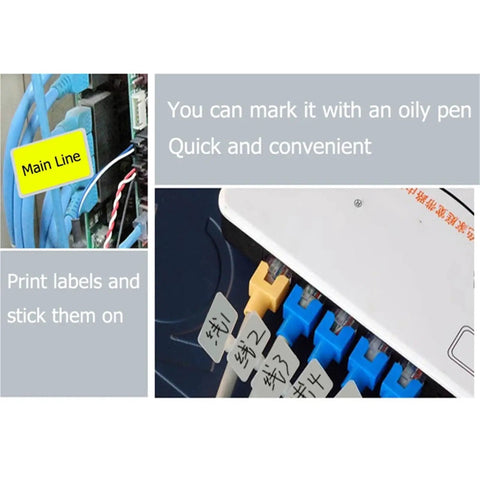 Image showing Rock Solid 100 Pack Nylon Self Locking Cable Ties With Write On Labels used for labeling cables and organization.
