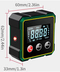 Digital Angle Finder With Laser Level And Inclinometer, four-sided magnetic protractor gauge dimensions shown against white background