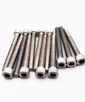Badass Grade 2 Beefy Titanium M6 Hex Head Bolts 75Mm Long Din912 Standard arranged in a row, showing different finishes.