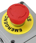 Close-up of Estop Emergency Stop Switch Push Button IP66 Weatherproof Station Box Outdoor With Red Latching Mushroom Button top view