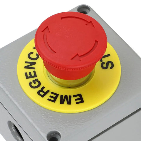 Rugged One Button Emergency Stop Switch Box With Red Push Button IP66 Enclosure Aluminum Die Cast Housing Normally Closed Industrial Grade Stop Button Box Built For Harsh Environments 80 By 75 By 60 Mm showing red push button