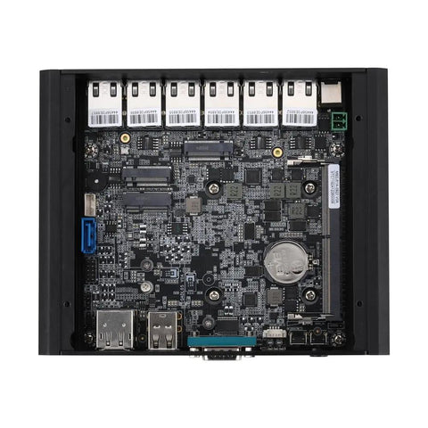 Badass N100 Fanless Mini PC With Six 2.5 Gigabit LAN Ports Rock Solid DDR5 Barebone Kit motherboard view showing multiple LAN ports and connections.