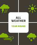All weather year-round icon with symbols of sun, rain, wind, and snow around a central text block.