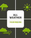 Graphic of all-weather capability for 4 Pack Seven And A Half Inch Screw In Ground Anchors For Yard Tents And Tarps