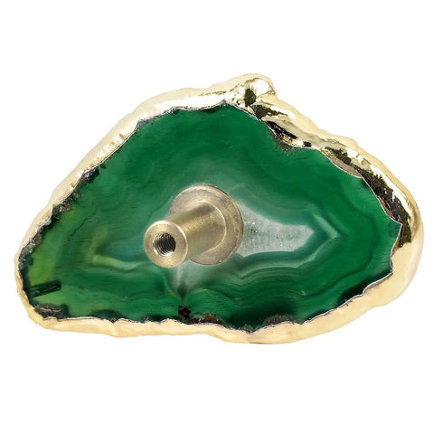 Four Pack Green Agate Slice Cabinet Knobs And Drawer Pulls Featuring Solid Brass Hardware showing polished green agate with brass base.