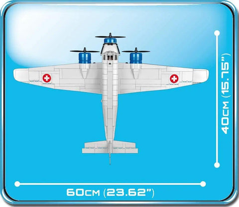 Top view of a Ju 52 model from Dope 542 Piece WWII Planes Historical Collection Model Kit Featuring Ju 52 Replica With Two Pilot Figures And Display Stand Name Plate 510 High Quality Parts Clear Step By Step Drawings EU Made Fully Compatible With Other Brands, showing dimensions 60cm by 40cm.