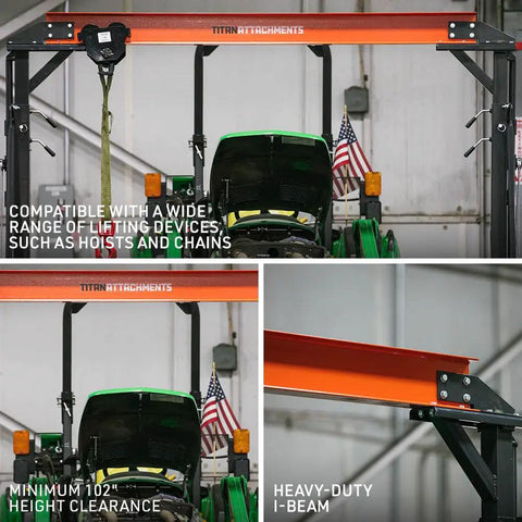 Telescoping Gantry Crane Frame Only For 2 Ton Loads in workshop, steel I-beam, locking wheels, 12 ft adjustable height