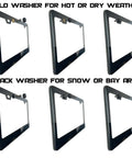 License plate frames with gold and black washers for hot, dry, snow, or bay areas, showing different weather resistance options.