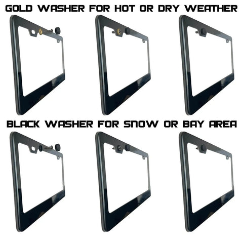 Badass Stainless Steel License Plate Screws With Twist On Red Caps All Weather Rust Protection For Cars Trucks And Suvs A Hot Upgrade For Your Rig Guaranteed Tight Fit And No Nonsense Durability with gold and black washers for various weather conditions.