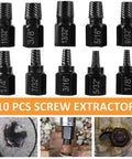 Heavy Duty 10 Piece Screw Extractor Set With Hex Head Easy Out Bolts Extractor Kit For Removing Stripped Screws, Broken Bolts, And Damaged Studs In Metalwork And Automotive DIY Projects displayed.