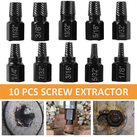 Heavy Duty 10 Piece Screw Extractor Set With Hex Head Easy Out Bolts Extractor Kit For Removing Stripped Screws, Broken Bolts, And Damaged Studs In Metalwork And Automotive DIY Projects displayed.