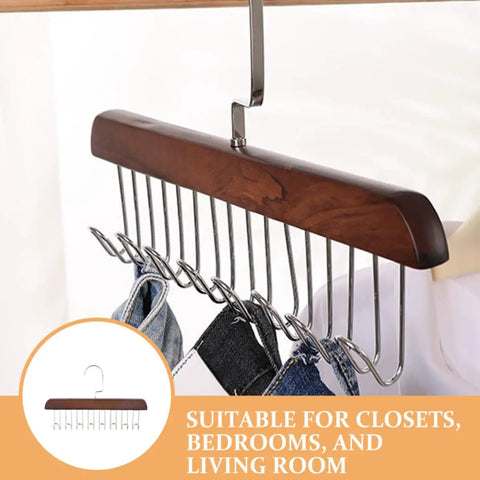 Solid Wooden Closet Organizer Dual Pack Featuring Eight Smooth Stainless Steel Hooks To Keep All Your Fave Scarves And Neckties Looking Crisp Without The Hassle, displaying hanging blue jeans.