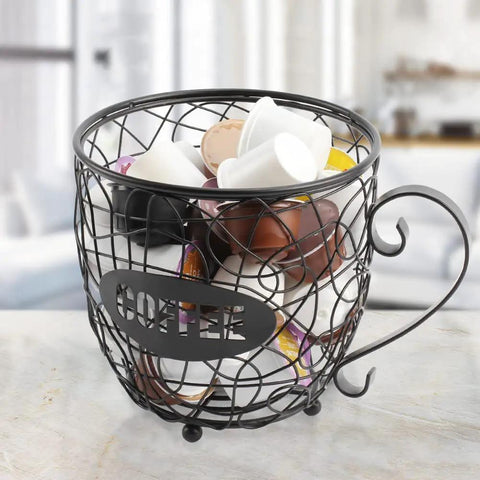 Massive K Cup Pod Holder For Countertop with coffee pods, black rustproof steel stand, high capacity organizer for home coffee bar.