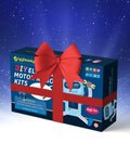 Hands-On Electric Motor Robot Science Kits For Kids Ages 8 To 12 gift box with red ribbon on blue starry background