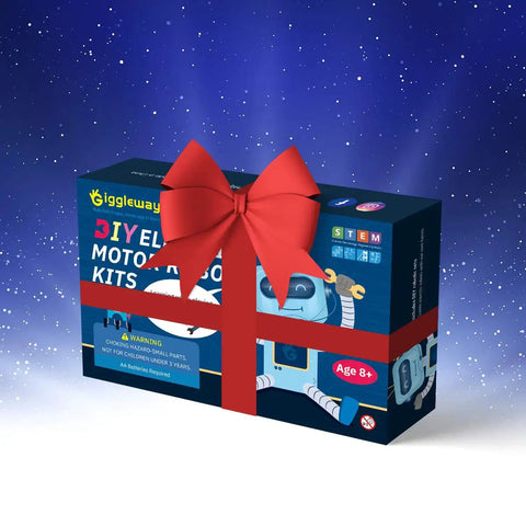 Hands-On Electric Motor Robot Science Kits For Kids Ages 8 To 12 gift box with red ribbon on blue starry background