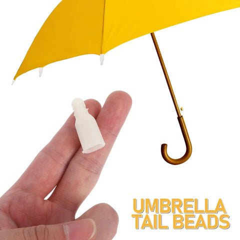 Cool DIY Fixers For Your Dinged Umbrellas: 10 Pc Plastic Stick End Caps With Snap Holes Ribs Bone Tips For Weathering Daily Commute And Shading In Style. beige plastic umbrella tip cap on fingers beside yellow umbrella