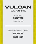 Close-up label of yellow ratchet strap showing 27' length and 3,600 lbs load, related to Heavy Duty Yellow Ratchet Straps With Chain Anchors 4 Inch By 27 Foot Long Two Pack 5400 Pound Safe Working Load Cut And UV Resistant Polyester Webbing For Easy Tie Down And Secure Hauling With Wide Handle Steel Ratchet Buckle