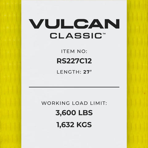 Close-up label of yellow ratchet strap showing 27' length and 3,600 lbs load, related to Heavy Duty Yellow Ratchet Straps With Chain Anchors 4 Inch By 27 Foot Long Two Pack 5400 Pound Safe Working Load Cut And UV Resistant Polyester Webbing For Easy Tie Down And Secure Hauling With Wide Handle Steel Ratchet Buckle