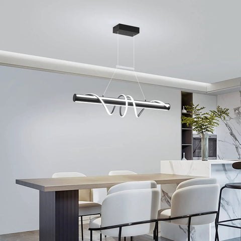 Modern Black Wave Linear Pendant Light With Remote Dimmable 55W LED Chandelier for dining room, kitchen island, 59in adjustable fixture.