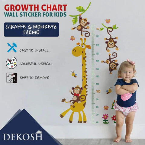 Giraffe And Monkeys Kids Height Wall Chart With Peel And Stick Nursery Wall Decals For Baby Bedroom And Toddler Playroom, Measures Up To 180 Cm, Colorful Removable Wall Stickers