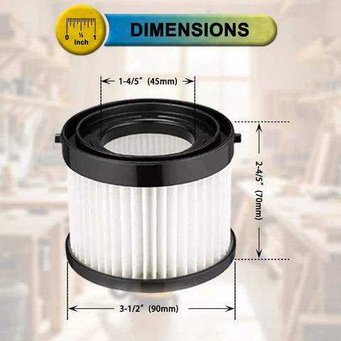Three Pack HEPA Dry Vacuum Filter Kit For M18 Compact Vacuum 0882-20, Includes 3 Replacement Filters 49-90-1951, 49-90-0160 And A Small Brush To Trap Dust, Protect The Motor, And Boost Suction dimensions chart.