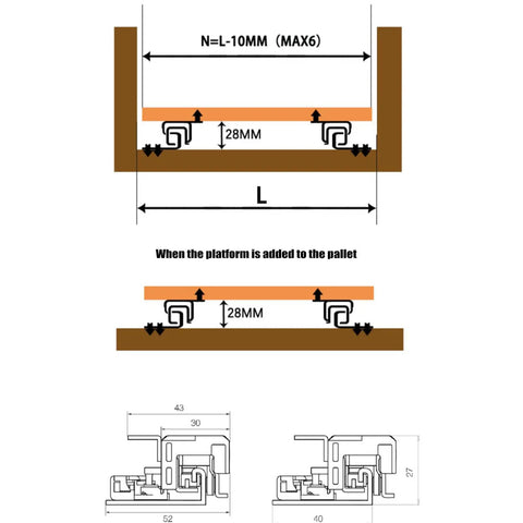 Diagram showcasing dimensions of Beefed Up Heavy Duty Drawer Slides With Hydraulic Dampening Full Extension Soft Close 40Kg Load Capacity