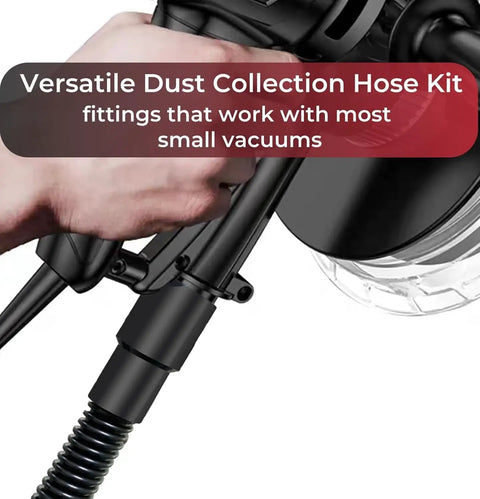 Go-To All In One Dust Collection Hose Kit with 10 ft hose, 1 in and 1.5 in fittings, and 2.25 in to 2.5 in reducer adapter, attached.