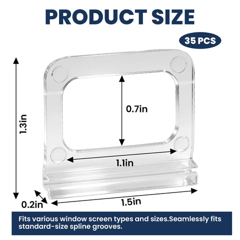 35 Pack Window Screen Pull Tabs In Frosted Clear With Universal Spline Grooves dimensions showing 1.3in height and 1.5in width.
