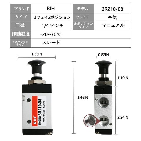 Pneumatic Lever Operated Manual Switch Valve 1/4 NPT, 3 Way 2 Position, Normally Closed, push pull control and dimensions