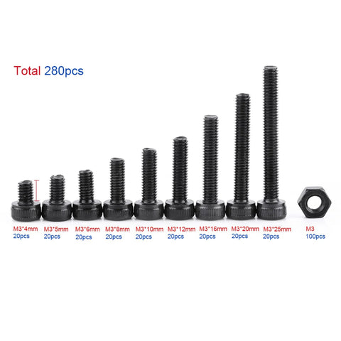 280-Piece M3 Cap Head Hex Socket Bolts And Nuts Assortment Set for tight spaces with various bolt sizes displayed