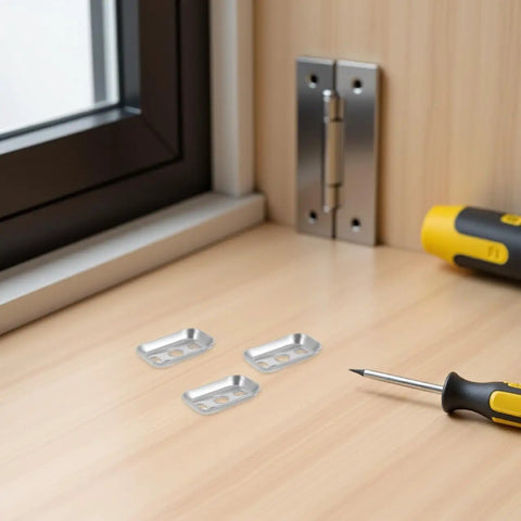 Stainless Steel Towel Bar Mounting Hardware Set With 45x26mm Backing Plates on wooden surface next to tools