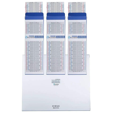 Three Piece Breadboard Kit With 830 Point Solderless No Soldering Needed Prototype PCB Boards shown in upright packaging