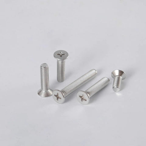 Heavy Duty M4 X 10mm Phillips Flat Countersunk Machine Screws In Top Shelf 304 Stainless Steel Rust Resistant Full Thread Fasteners for Switch Plates and Electrical Gear 50 Pack displayed in various angles.