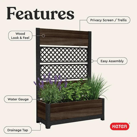 Outdoor Planter Box With Privacy Screen And Trellis 26 Gallon Raised Garden Bed For Climbing Plants And Flowers with features labeled