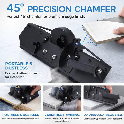 Straight Shot 45 Degree Tile Chamferer And Electric Bevel Cutter Adapter with portable cold-rolled steel design for dustless cutting.