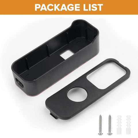Package contents of No Drill Stick-On Door Mount For 1st Gen Video Doorbell showing adhesive bracket, protective cover, and screws.