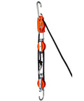 Self Locking Block and Tackle Hoist System With 35 Ft Polypropylene Rope, 300 Lb Capacity, showing orange pulleys and black rope