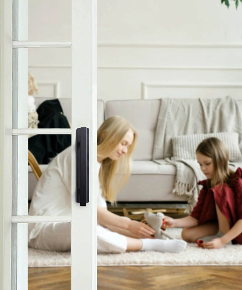 2 Pack Self Adhesive Cabinet Handles Matte Black No Drill Drawer Pulls for sliding doors, close-up of handle on door