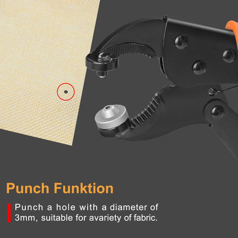Heavy Duty Snap Fastener Tool Kit With Punch Die And 50 Replacement Metal Snaps For Repairing Boat Covers Canvases Tarps And Sewing Projects Built Tough For Marine Grade Outdoor Covers Awnings Tents And Bimini Tops showing punch function on fabric