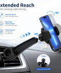 Universal Car Phone Mount With Tight Air Vent Clip And 17mm Ball Head For 360 Rotation Fits Every Smartphone securely showing adjustable reach.
