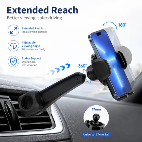 Universal Car Phone Mount With Tight Air Vent Clip And 17mm Ball Head For 360 Rotation Fits Every Smartphone securely showing adjustable reach.