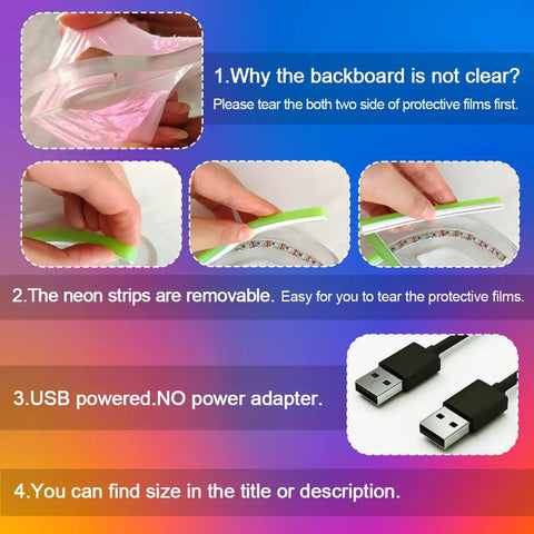 Instructions showing protective film removal and USB power for Pink Girl Boss LED Neon Light Sign For Bedroom Desk Wall Decor.