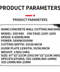 High Torque Electric Concrete Wall Saw Featuring Built Like A Tank Diamond Chain Blade For Fast Grooving Clean Slotting And Smooth Masonry Cutting Projects parameters overview.