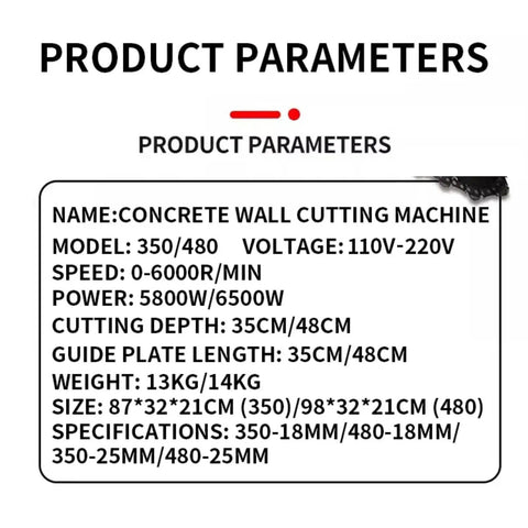 High Torque Electric Concrete Wall Saw Featuring Built Like A Tank Diamond Chain Blade For Fast Grooving Clean Slotting And Smooth Masonry Cutting Projects parameters overview.