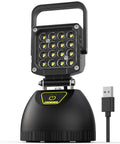 Rechargeable Foldable LED Work Light 32W with 8000mAh Battery, IP65 Waterproof, featuring USB cable, upright view