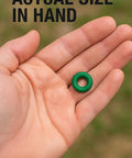 Surcingle Replacement Rubber Rings for Horse Blankets, shown actual size in hand, green ring for no slip fastening.