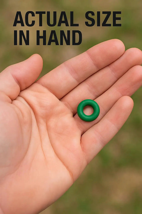 Surcingle Replacement Rubber Rings for Horse Blankets, shown actual size in hand, green ring for no slip fastening.