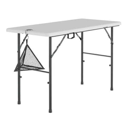 Heavy Duty 4 Foot Folding Table With Carry Handle And Mesh Bag Indoor Outdoor Portable Table For Picnic, Party, Camping, White