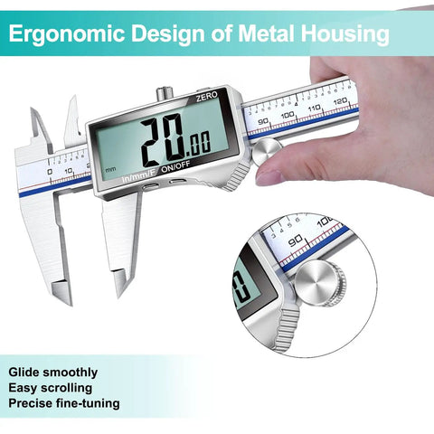 Digital Caliper 6 Inch With Stainless Steel Body, Large LCD Screen showing 20.00, ergonomic design, splash proof micrometer