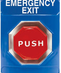 Blue Stopper Station Pneumatic Timer Button With Emergency Exit Label and red push button in curved housing.